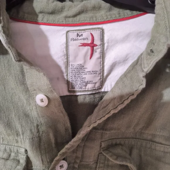 RELWEN LINEN WORKSHIRT Olive Green Button Down Shirt - Picture 4 of 7